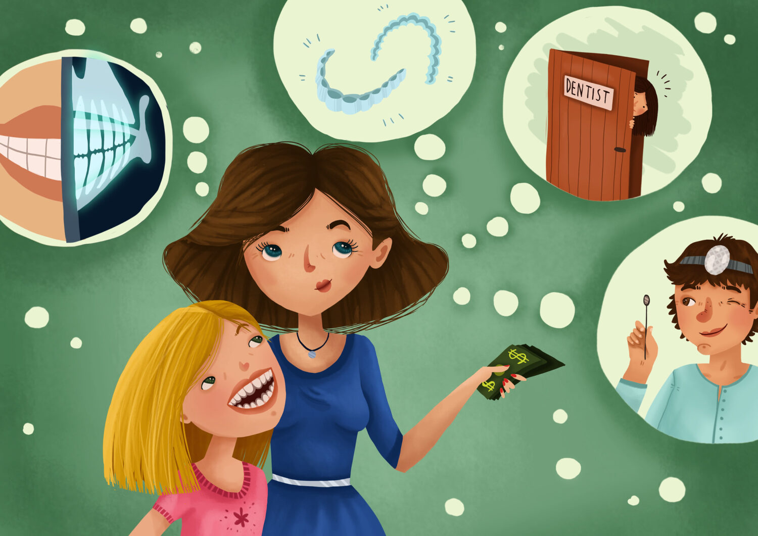 Drawing of a woman talking to her child about getting Invisalign aligners at the orthodontist